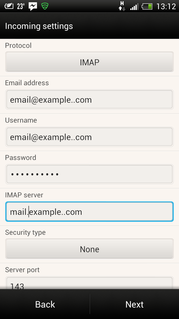 Android email account step 3